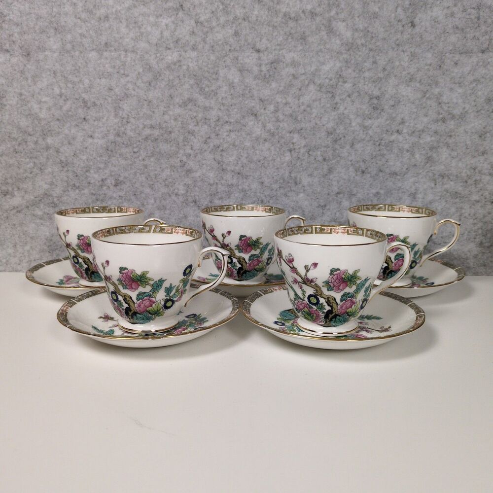 Vintage Duchess England Bone China Floral Tea Cups & Saucers Set of 5 Gold Trim